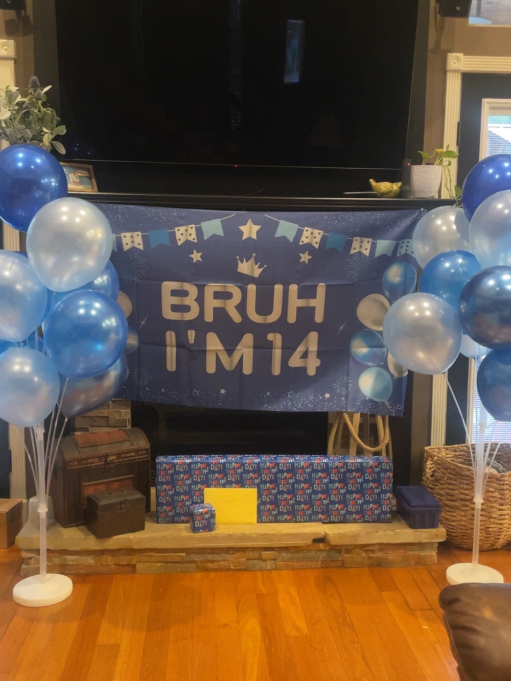 Blue 'Bruh I'm 14' Birthday Backdrop Banner